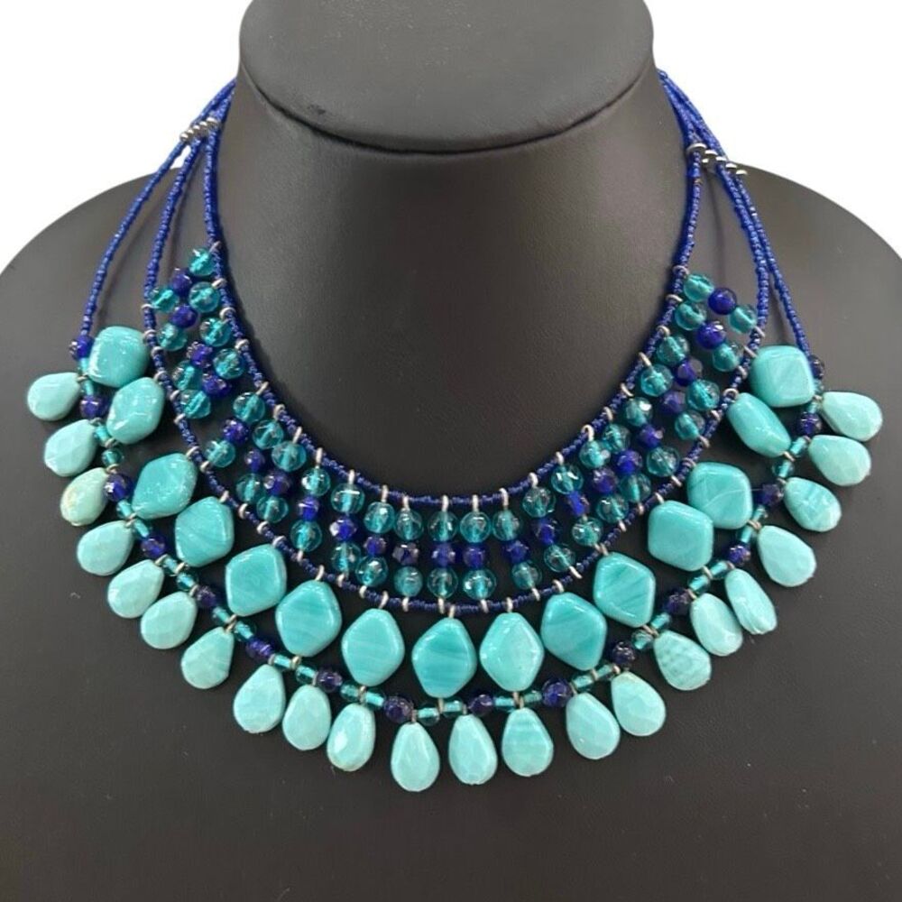 Multi strand Bib Statement Necklace Faux Turquoise & Blue Bead Tiered Waterfall - Picture 2 of 9